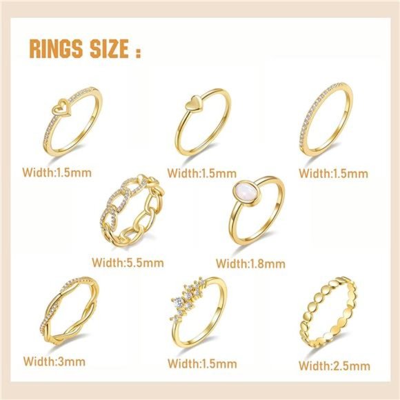 14K Gold CZ Heart Stacking Rings Set - Picture 4 of 7